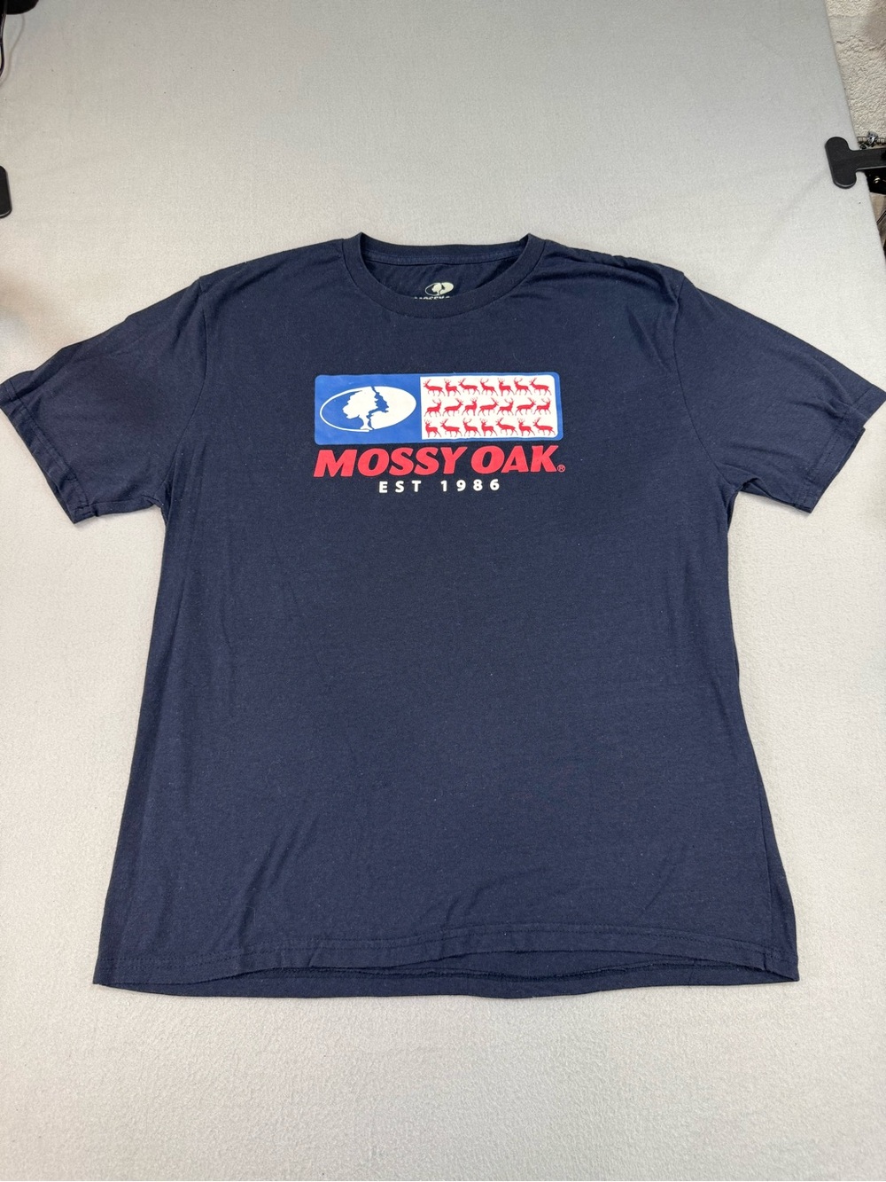 Mossy Oak Navy Short-Sleeve Logo Tee with Red & White Graphic